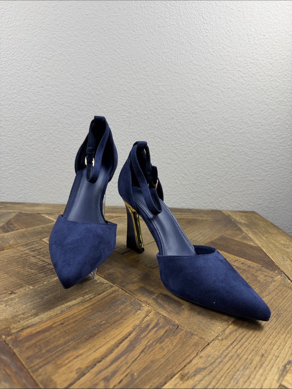 Size 7 ZBY Navy Pointed Suede Ankle-Strap Heels with Gold Block Heel